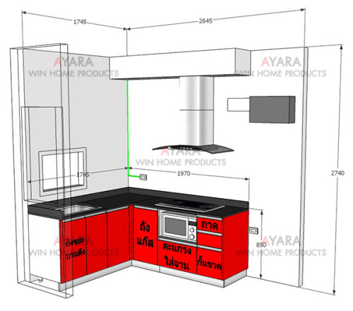 ชุดครัว Built-in ตู้ล่าง โครงซีเมนต์บอร์ด หน้าบาน Laminate สีแดงเงา