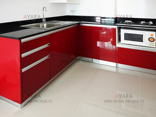 ชุดครัว Built-in ตู้ล่าง โครงซีเมนต์บอร์ด หน้าบาน PVC สีแดง 2