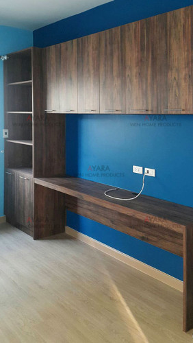 ตู้ TV + ตู้หนังสือ + โต๊ะ + ตู้บน Built-in โครงปาติเกิล หน้าบาน Melamine สี Tunder Forest/Loft G 2