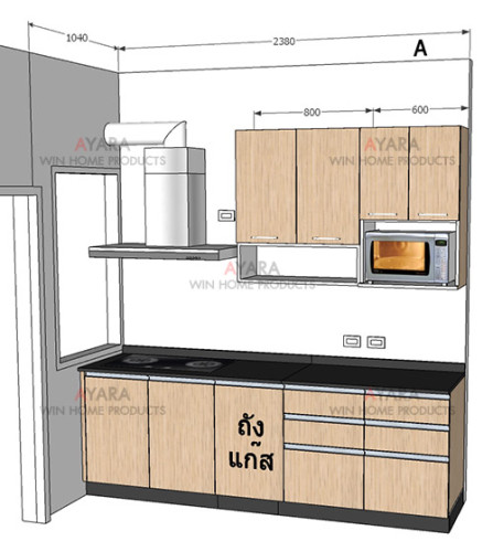ชุดครัว Built-in ตู้ล่าง โครงซีเมนต์บอร์ด หน้าบาน Laminate สี Colorado Oak ลายไม้ - ม.Delight 2