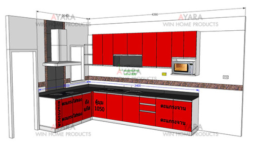 ชุดครัว Built-in ตู้ล่าง โครงซีเมนต์บอร์ด หน้าบาน Hi Gloss สีแดง 8