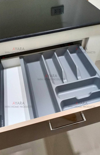 ชุดครัว Built-in ตู้ล่าง โครงซีเมนต์บอร์ด หน้าบาน Acrylic สีน้ำตาล 6