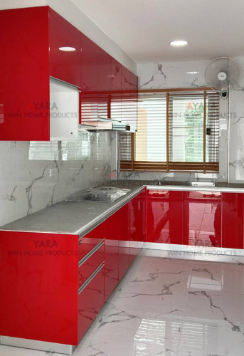 ชุดครัว Built-in โครงซีเมนต์บอร์ด หน้าบาน Hi Gloss สีแดง