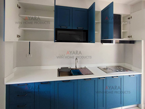 ชุดครัว Built-in โครงซีเมนต์บอร์ด หน้าบาน PVC  สีฟ้าเข้ม เซาะร่อง Stack 1