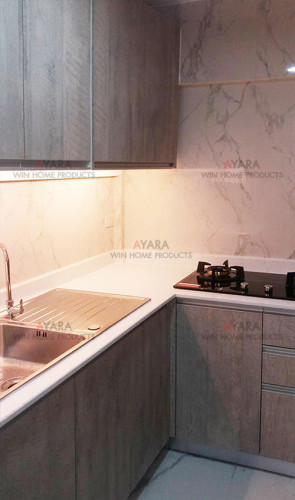 ชุดครัว Built-in ตู้ล่าง โครงซีเมนต์บอร์ด หน้าบาน Laminate สี Concrete Formwood ลายไม้ 2