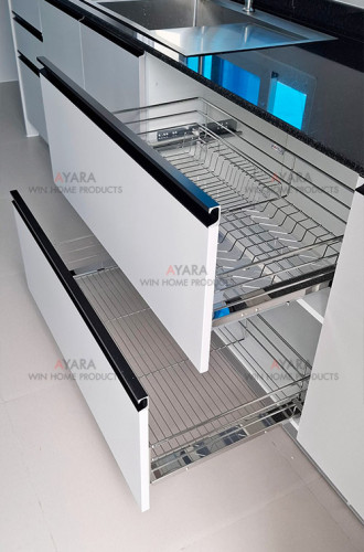 ชุดครัว Built-in โครงซีเมนต์บอร์ด หน้าบาน Melamine สีเทาอ่อน 2