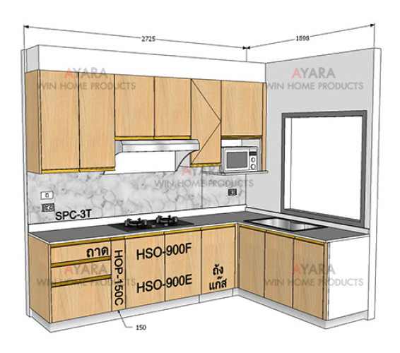 ชุดครัว Built-in โครงซีเมนต์บอร์ด หน้าบาน Laminate สี Mangfall Beech ลายไม้ 5