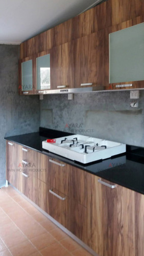 ชุดครัว Built-in ตู้ล่าง โครงซีเมนต์บอร์ด หน้าบาน Laminate สี Couture Wood ลายไม้แนวตั้ง