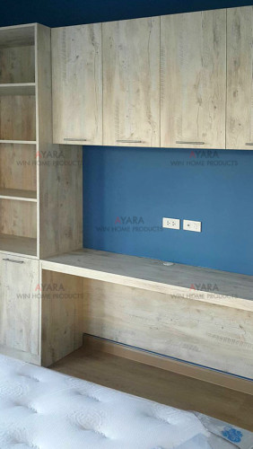 ตู้ TV + ตู้หนังสือ + โต๊ะ + ตู้บน Built-in โครงปาติเกิล หน้าบาน Melamine สี Tunder Forest/Loft G 3