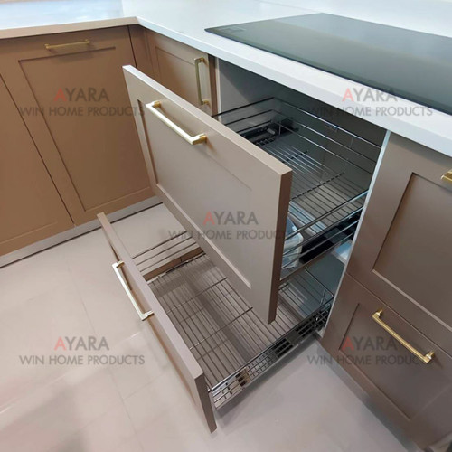 ชุดครัว Built-in ตู้ล่าง โครงซีเมนต์บอร์ด หน้าบาน Plaswood พ่นสีน้ำตาลอ่อนด้าน ยกขอบ 8