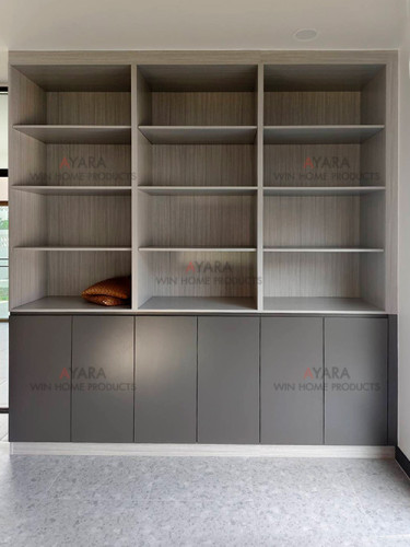 ตู้หนังสือ Built-in โครงปาติเกิล กันชื้น เคลือบ Melamine สี Grey Teak + เทาเข้ม
