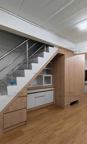 ตู้เก็บของ Built-in โครง HMR กันชื้น เคลือบ Melamine สี TNK 5019-17 ลายไม้ + TNK 5033-12 ขาวลายไม้