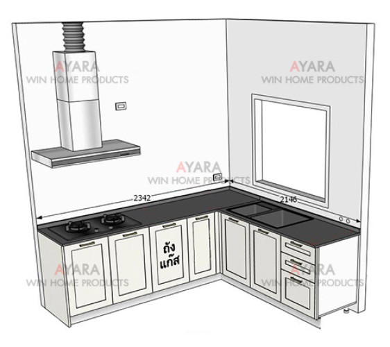 ชุดครัว Built-in โครงซีเมนต์บอร์ด หน้าบาน PVC สีขาวครีม ลายไม้ เซาะร่อง Stack 5