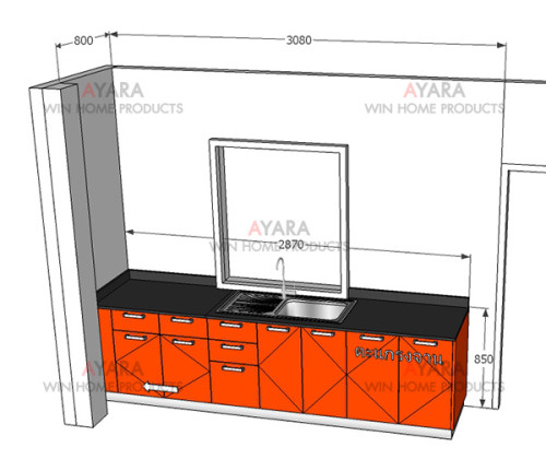 ชุดครัว Built-in ตู้ล่าง โครงซีเมนต์บอร์ด หน้าบาน PVC สีส้ม