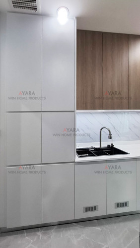 ชุดครัว Built-in โครงซีเมนต์บอร์ด หน้าบาน Melamine สี Nordic Maple + ขาว 2