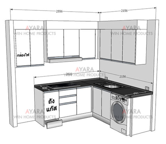 ชุดครัว Built-in ตู้ล่าง โครงซีเมนต์บอร์ด หน้าบาน Laminate สีขาวด้าน - ม.ภัสสร เพรสทีจ ลุกซ์ 5