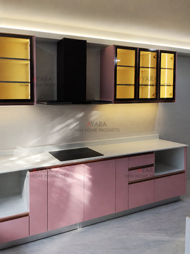 ชุดครัว Built-in โครงซีเมนต์บอร์ด หน้าบาน Hi Gloss สีชมพูเงา 3