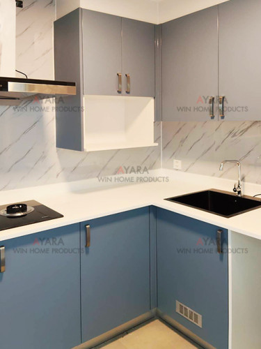 ชุดครัว Built-in โครงซีเมนต์บอร์ด หน้าบาน Melamine สีฟ้า - ม.Inizio 1