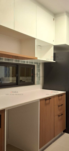 ชุดครัว Built-in โครงซีเมนต์บอร์ด หน้าบาน Laminate สีลายไม้ + ขาว - ม.อณาสิริ 3