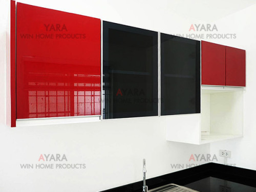 ชุดครัว Built-in ตู้ล่าง โครงซีเมนต์บอร์ด หน้าบาน PVC สีแดง 4