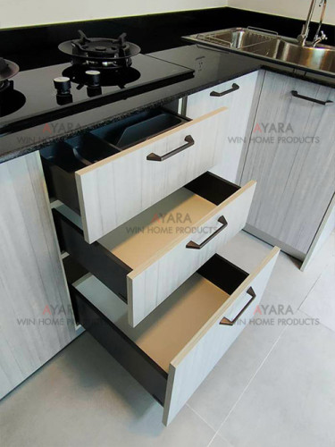 ชุดครัว Built-in โครงซีเมนต์บอร์ด หน้าบาน Melamine สี Grey Teak - ม.Inizio 8