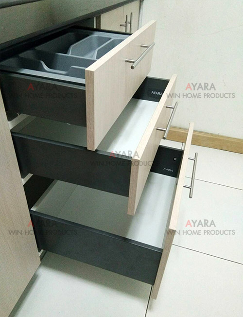 ชุดครัว Built-in ตู้ล่าง โครงซีเมนต์บอร์ด หน้าบาน Melamine สี Rijeka Oak ลายไม้ 5