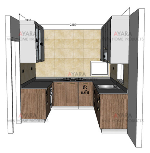 ชุดครัว Built-in โครงซีเมนต์บอร์ด หน้าบาน Laminate สี Kitami Ruster + Melamine สีเทา 7