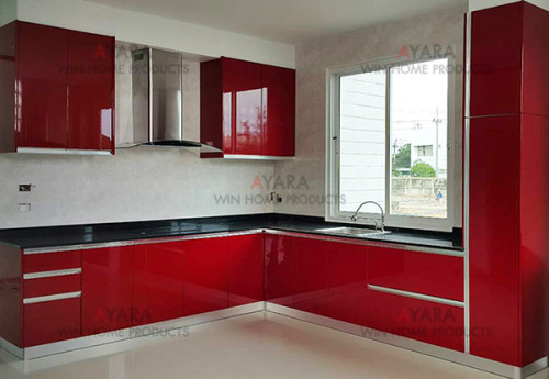 ชุดครัว Built-in ตู้ล่าง โครงซีเมนต์บอร์ด หน้าบาน Hi Gloss สีแดง 0