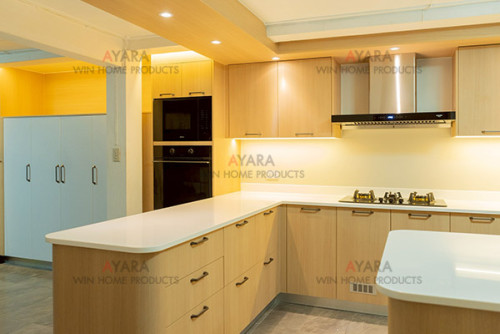 ชุดครัว Built-in โครงซีเมนต์บอร์ด หน้าบาน Laminate สีลายไม้ + ขาวด้าน