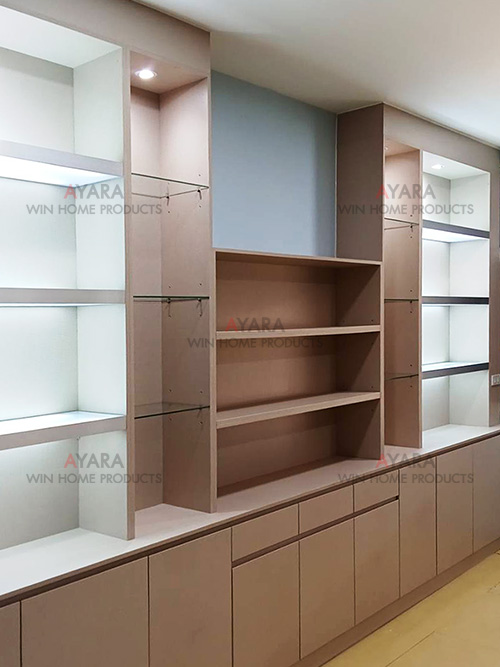 ตู้โชว์ Built-in โครงปาติเกิล กันชื้น เคลือบ Melamine สี Gain 1