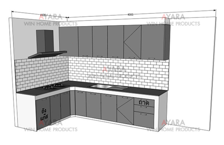 ชุดครัว Built-in โครงซีเมนต์บอร์ด หน้าบาน Melamine สีเทา 3