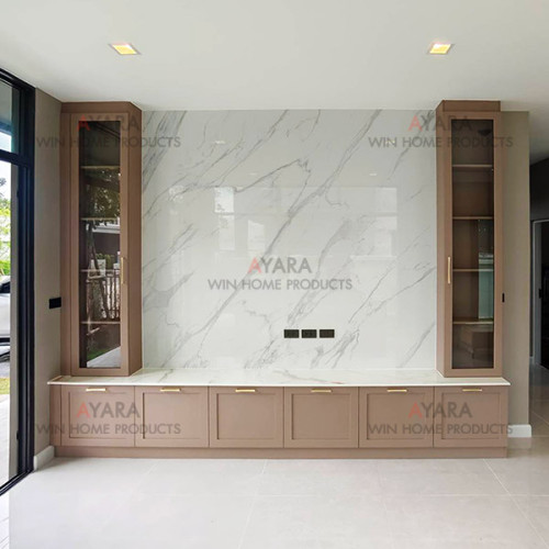 ตู้ TV Built-in โครง HMR กันชื้น เคลือบ Melamine สีครีมเข้ม