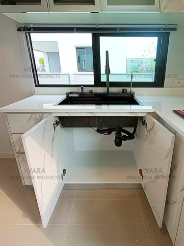ชุดครัว Built-in โครงซีเมนต์บอร์ด หน้าบาน Melamine สี White Marble - ม.The Plant 2