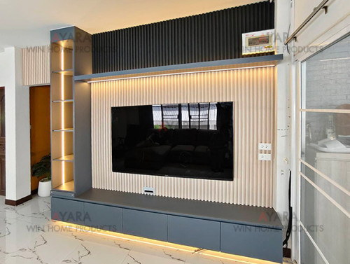 ตู้ TV Built-in โครง HMR กันชื้น เคลือบ Melamine สีเทาเข้ม