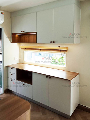 ชุด Pantry Built-in โครงซีเมนต์บอร์ด Melamine สี White Oak + Capuccino 1
