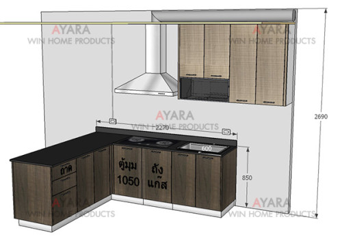 ชุดครัว Built-in ตู้ล่าง โครงซีเมนต์บอร์ด หน้าบาน Melamine ลายไม้ สี Milano Wood + French Oak ลายไม้ 2