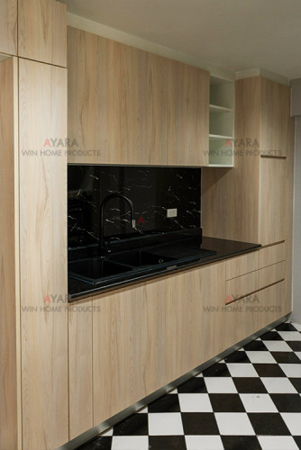 ชุดครัว Built-in โครงซีเมนต์บอร์ด หน้าบาน Laminate สีลายไม้ 2