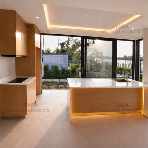 ชุดครัว Built-in โครงซีเมนต์บอร์ด หน้าบาน Melamine สี Brown Oak ลายไม้ 