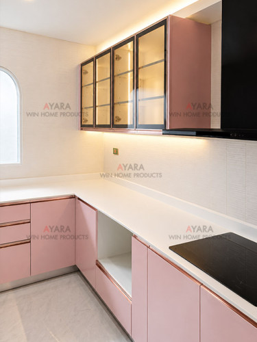 ชุดครัว Built-in โครงซีเมนต์บอร์ด หน้าบาน Hi Gloss สีชมพูเงา 2