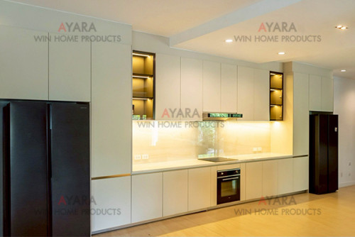 ชุดครัว Built-in โครงซีเมนต์บอร์ด หน้าบาน Laminate สีครีม