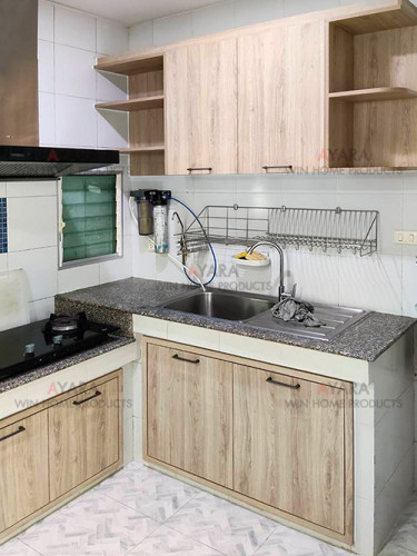 ชุดครัว Built-in โครงซีเมนต์บอร์ด หน้าบาน Melamine สีลายไม้ - ม.มัณฑนา