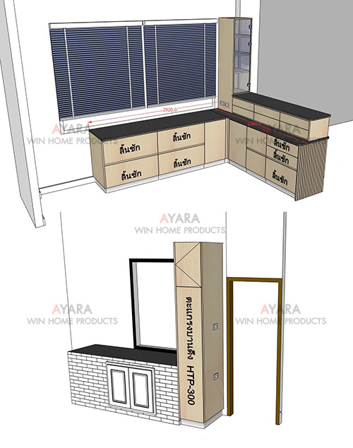 ชุดครัว Built-in โครงซีเมนต์บอร์ด หน้าบาน Melamine สี Ash ลายไม้ 9