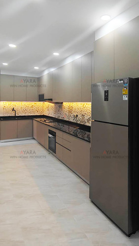 ชุดครัว Built-in โครงซีเมนต์บอร์ด หน้าบาน Melamine สีน้ำตาลอ่อน 1