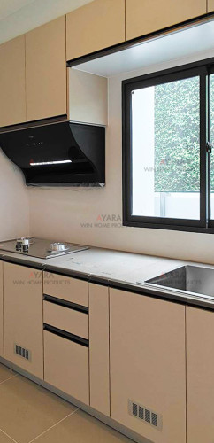ชุดครัว Built-in โครงซีเมนต์บอร์ด หน้าบาน Laminate สีน้ำตาล - ม.อณาสิริ 1
