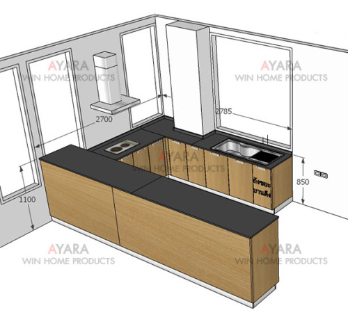 ชุดครัว Built-in ตู้ล่าง โครงซีเมนต์บอร์ด หน้าบาน Melamine สีบีช ลายไม้ 8