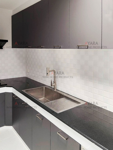 ชุดครัว Built-in โครงซีเมนต์บอร์ด หน้าบาน Melamine สีเทา 1