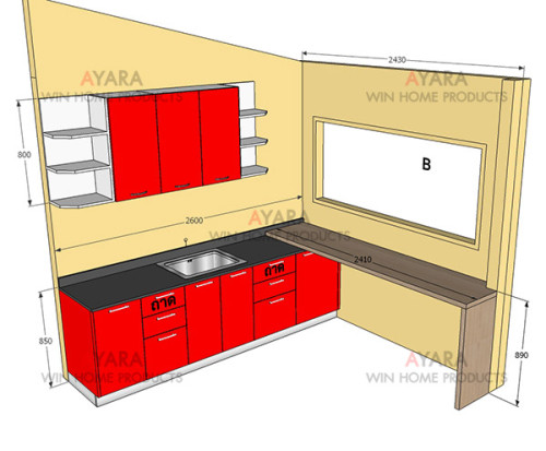 ชุดครัว Built-in ตู้ล่าง โครงซีเมนต์บอร์ด หน้าบาน Acrylic สีแดงเรียบ 8