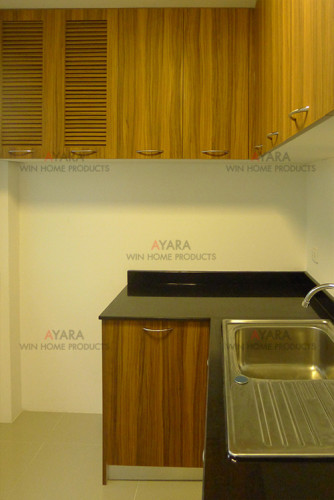 ชุดครัว Built-in ตู้ล่าง โครงซีเมนต์บอร์ด หน้าบาน Laminate สี Oiled Olivewood ลายไม้ - ม.Casa Ville 2