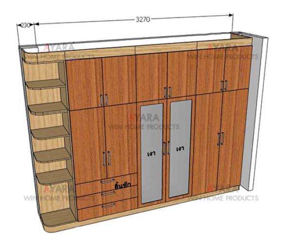 ตู้เสื้อผ้า Built-in โครงปาติเกิล กันชื้น เคลือบ Melamine สี Brown Oak + Absolute Walnut 3