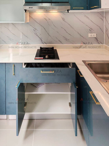 ชุดครัว Built-in โครงซีเมนต์บอร์ด หน้าบาน Melamine สีน้ำเงินด้าน - ม.Pleno Town 3